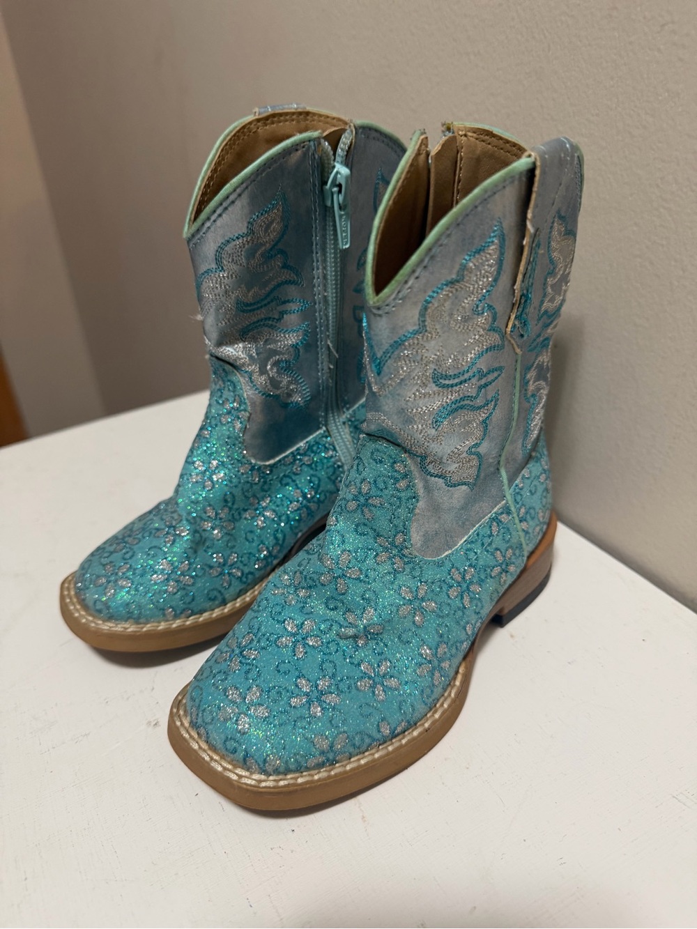Roper Girls Turquoise Glitter Western Cowboy Boots Size 7